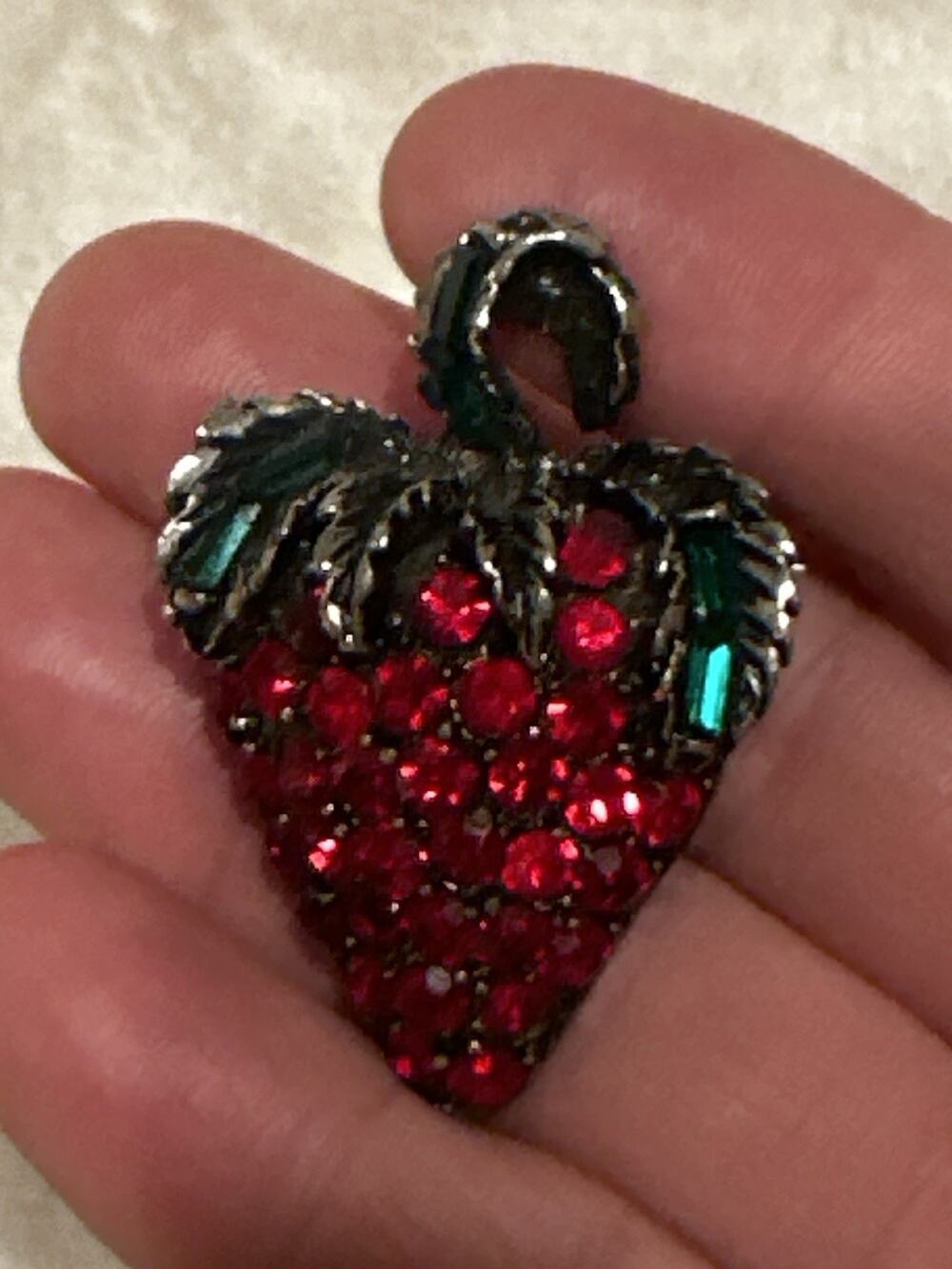 Pell Vintage Strawberry Brooch Red & Green Rhinestones Signed Estate Jewerly